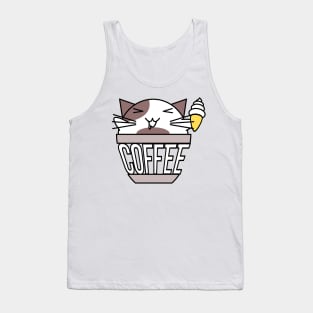 Cat in coffee cup with warped text holding ice cream white and brown Tank Top